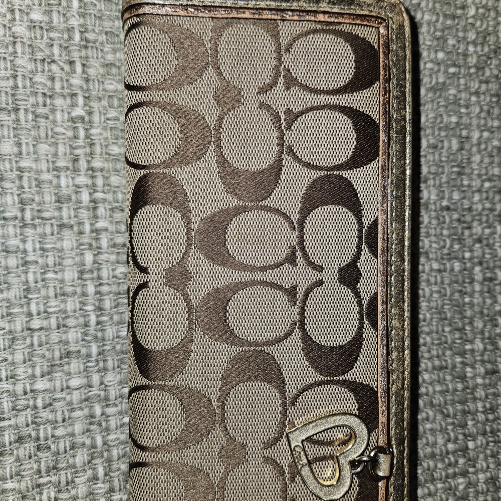 Vintage Coach Brown Signature Monogram Wallet with Heart Charm